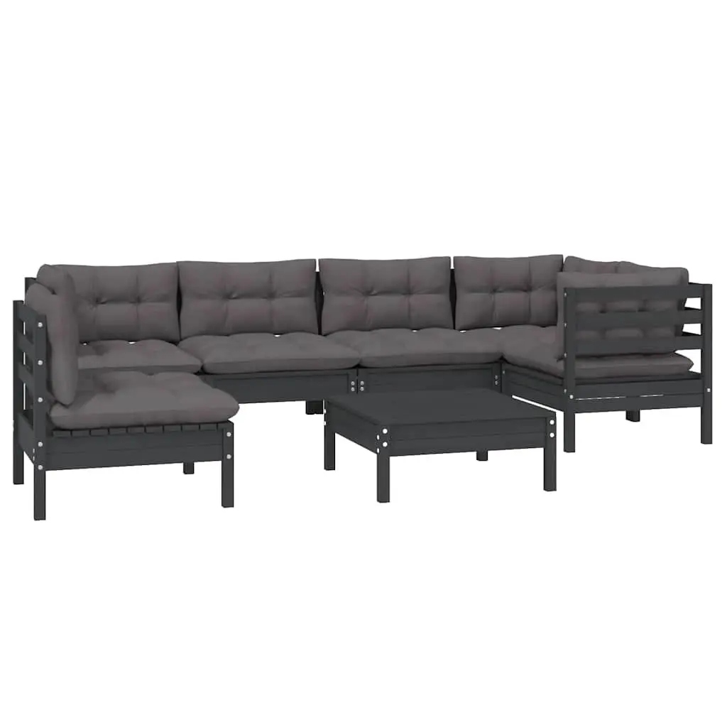7 Piece Garden Lounge Set Black Outdoor Patio Furniture with Cushions Pinewood
