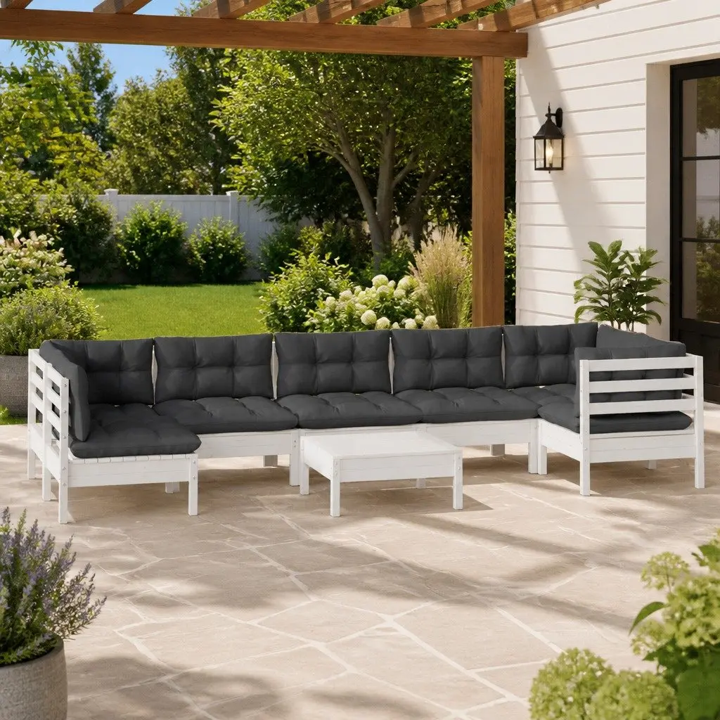 Garden Lounge Set 8 Piece Outdoor Furniture White Pinewood with Cushions