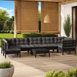 8 Piece Garden Lounge Set Black Pinewood with Cushions Outdoor Patio Furniture