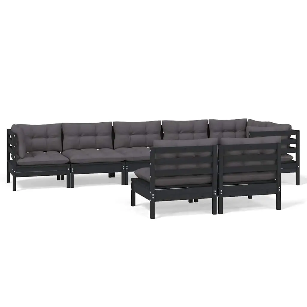 8 Piece Garden Lounge Set with Cushions Black Solid Pinewood Outdoor Patio