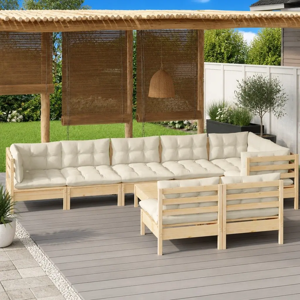 Garden Lounge Set 9 Piece Outdoor Furniture Patio Sofa Cream Cushions Pinewood