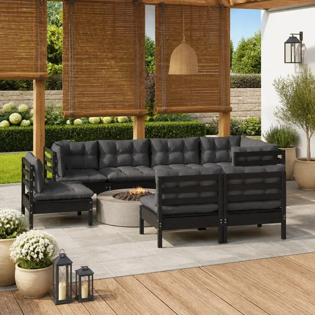 Garden Lounge Set Black 8 Piece Outdoor Furniture Solid Pinewood with Cushions Modular
