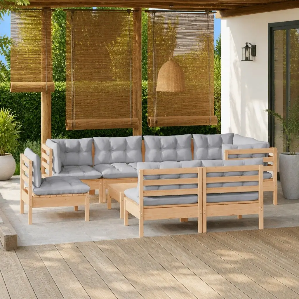 Garden Lounge Set 9 Piece Outdoor Patio Furniture with Grey Cushions Pinewood