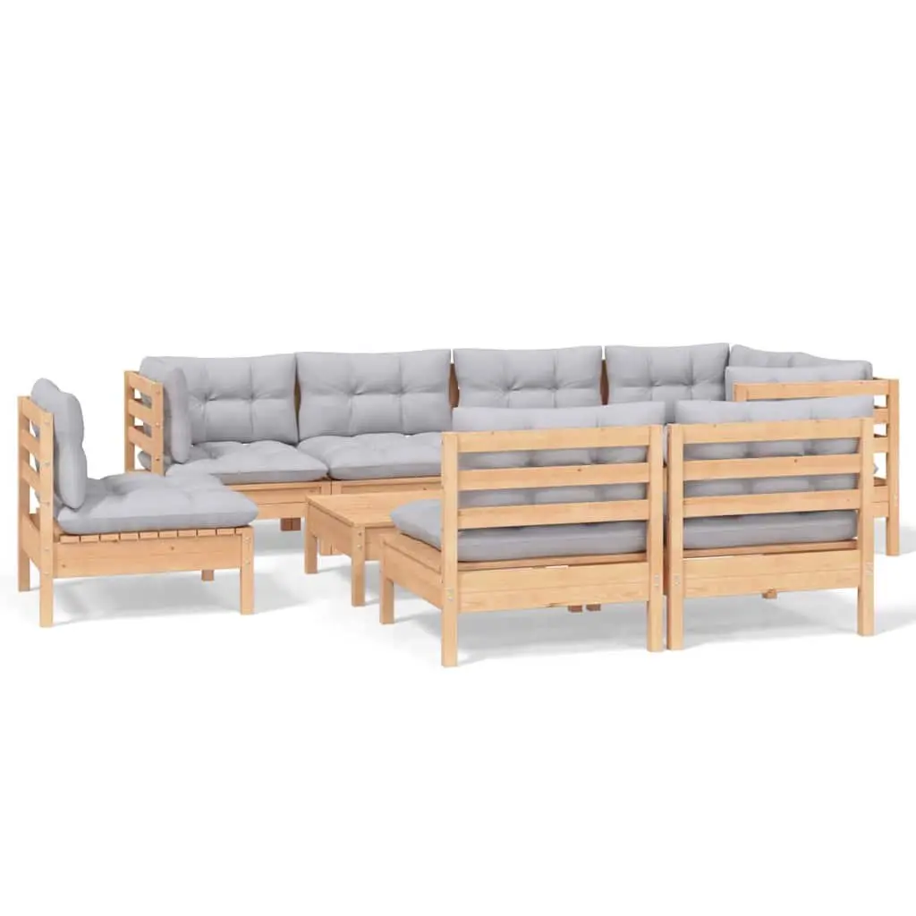 Garden Lounge Set 9 Piece Outdoor Patio Furniture with Grey Cushions Pinewood
