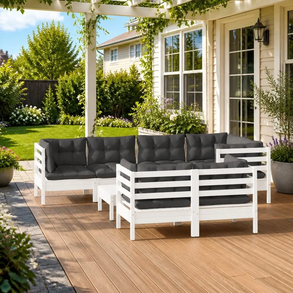 Garden Lounge Set 8 Piece Patio Furniture White Pinewood with Cushions Modular