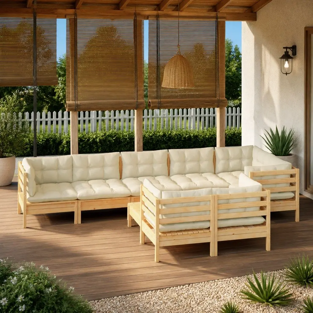 Garden Lounge Set Cream 9 Piece Outdoor Patio Furniture Solid Pinewood
