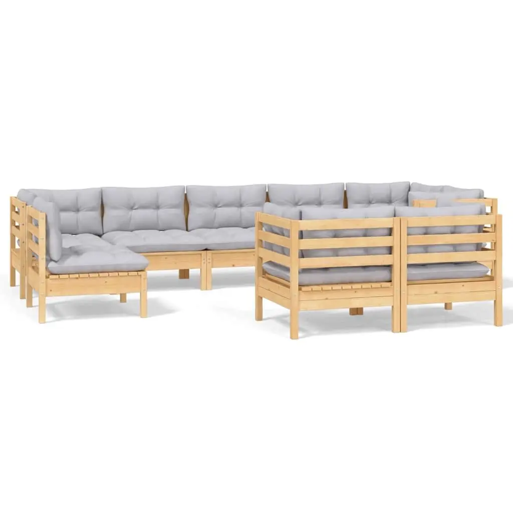 Garden Lounge Set 9 Piece Outdoor Patio Furniture Grey Cushions Pinewood
