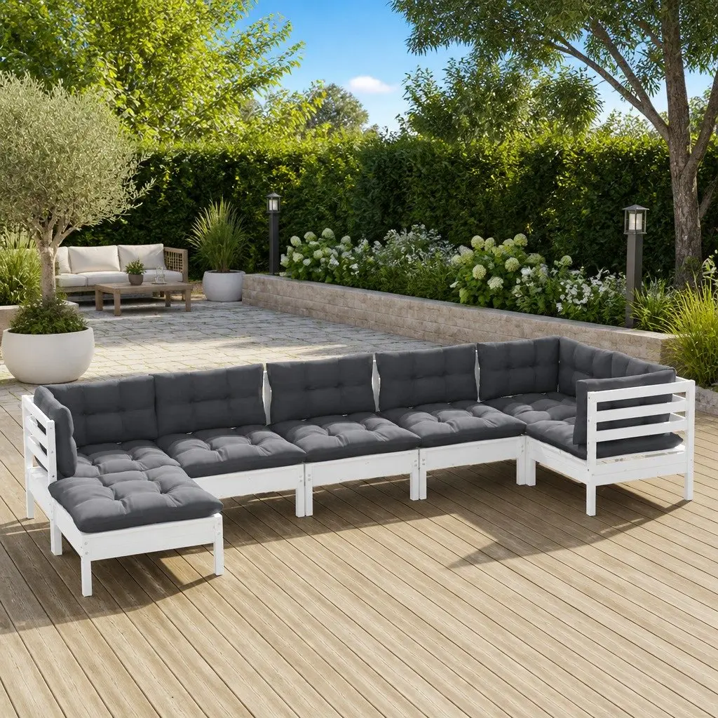 7 Piece Modular Garden Lounge Set White Solid Pinewood with Cushions Outdoor Patio Configuration
