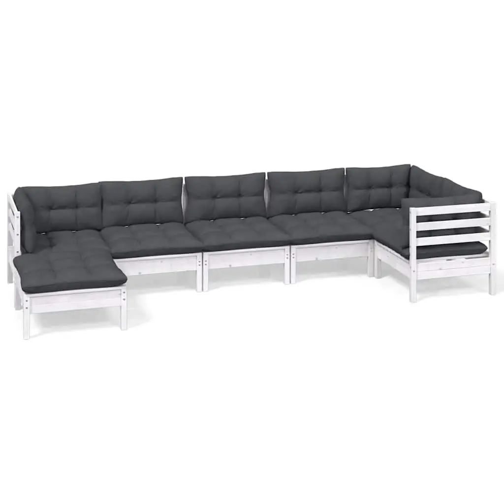 7 Piece Modular Garden Lounge Set White Solid Pinewood with Cushions Outdoor Patio Configuration