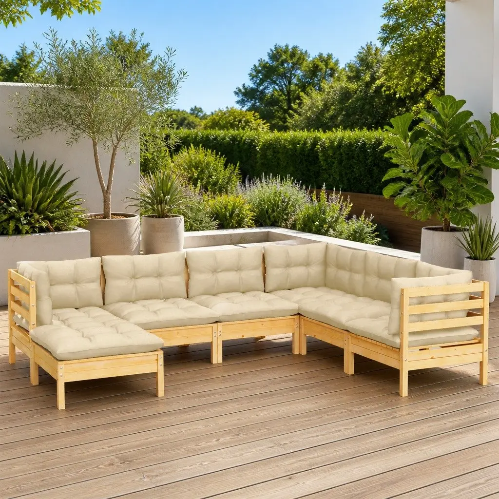 Garden Lounge Set Brown 7 Piece Modular Outdoor Furniture with Cream Cushions