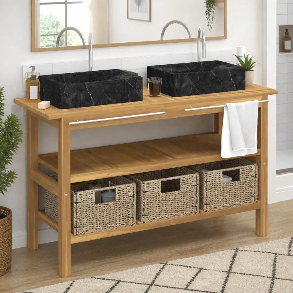 Bathroom Vanity Cabinet Cream Solid Teak Wood Dual Marble Basins Storage Unit