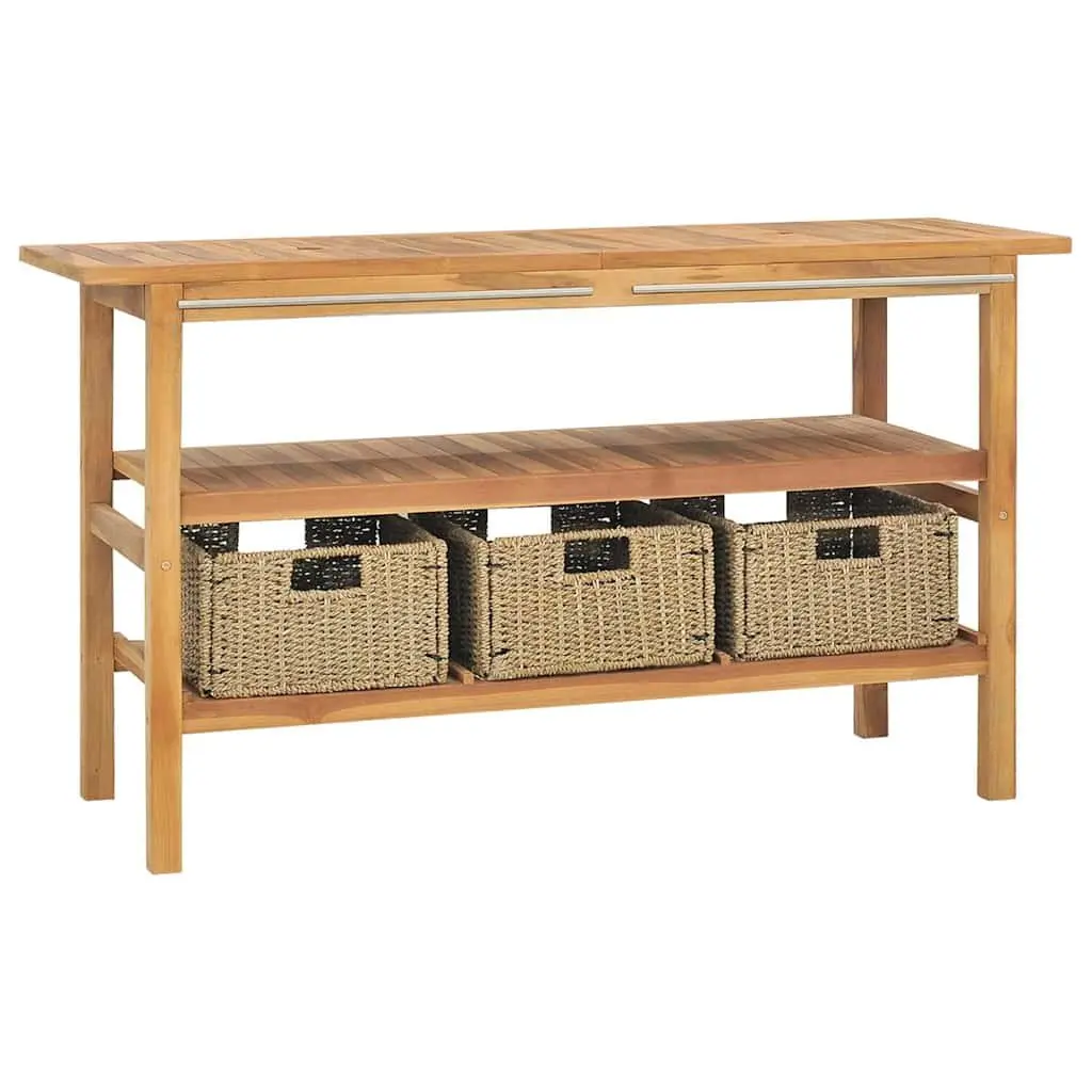 Bathroom Vanity Cabinet with 2 Marble Sinks Solid Teak Wood Storage Baskets