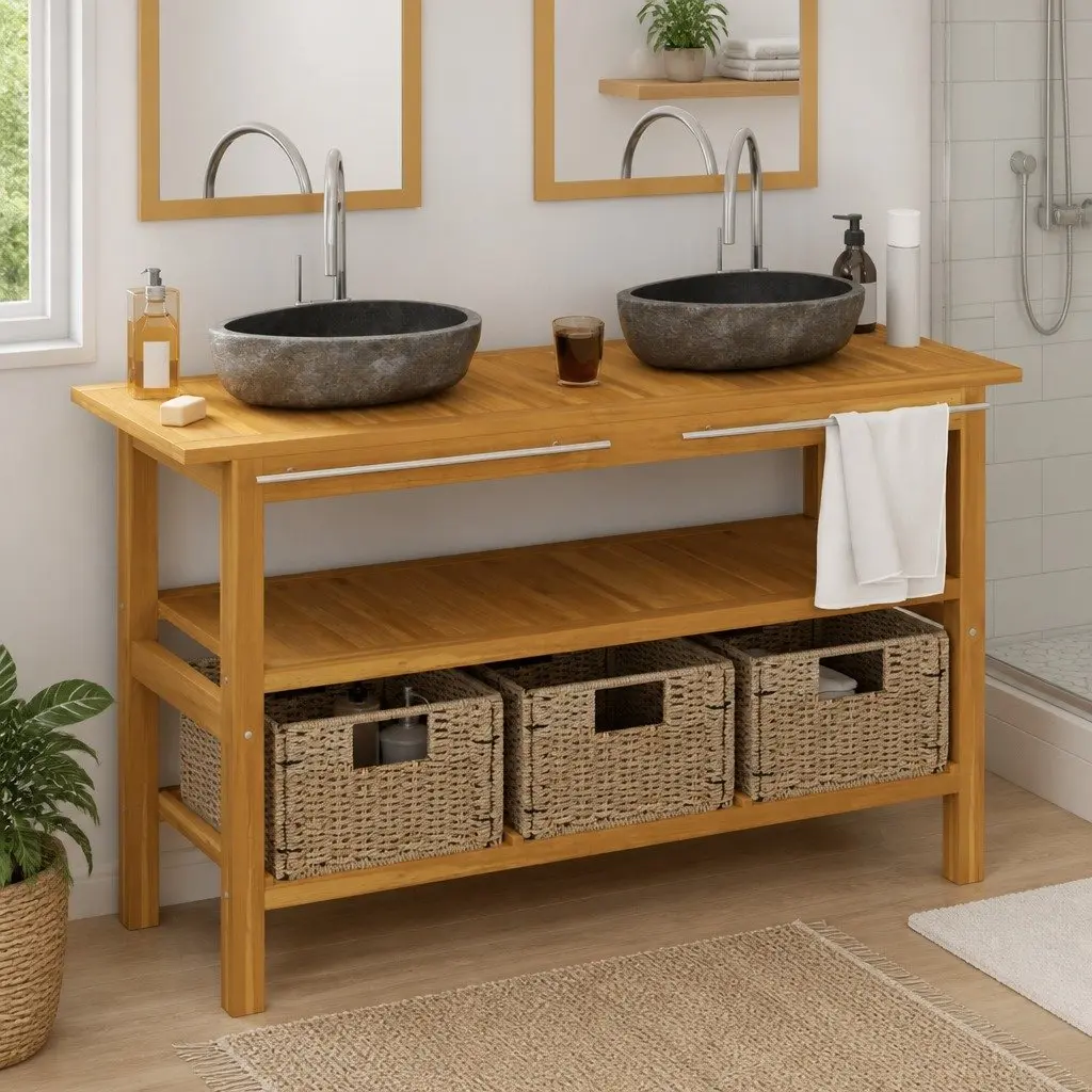 Bathroom Vanity Cabinet Dual Basin River Stone Sinks Solid Teak Wood Storage