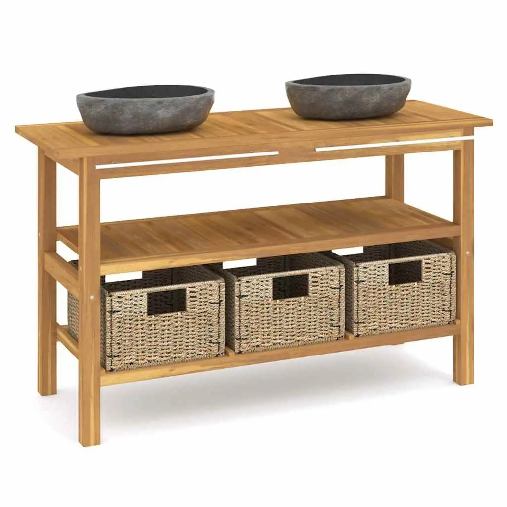 Bathroom Vanity Cabinet Dual Basin River Stone Sinks Solid Teak Wood Storage