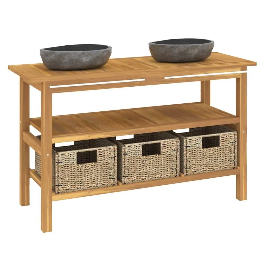 Bathroom Vanity Cabinet Dual Basin River Stone Sinks Solid Teak Wood Storage