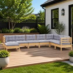 Garden Lounge Set 8 Piece Outdoor Furniture Patio Sofa Grey Cushions Pinewood