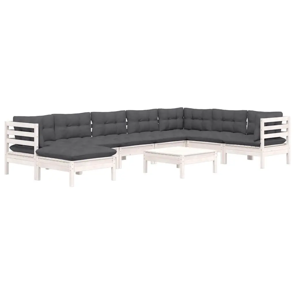 Garden Lounge Set White 9 Piece Solid Pinewood Outdoor Furniture with Cushions