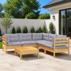 Garden Lounge Set 6 Piece Outdoor Patio Furniture with Grey Cushions Solid Wood