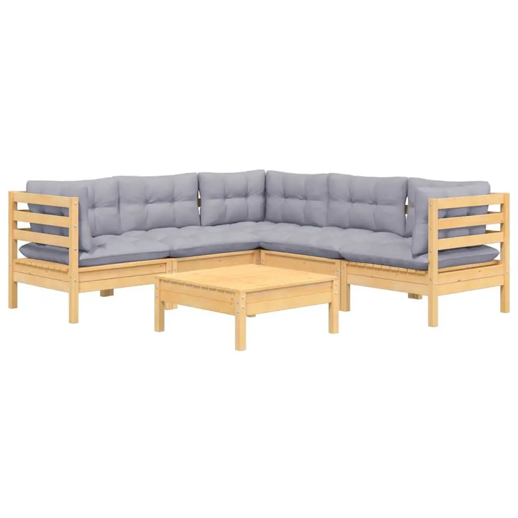 Garden Lounge Set 6 Piece Outdoor Patio Furniture with Grey Cushions Solid Wood