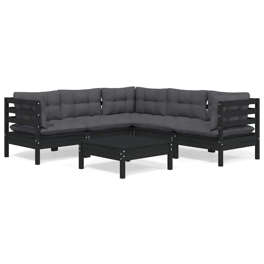 Garden Lounge Set Black 6 Piece Outdoor Patio Furniture Pinewood with Cushions