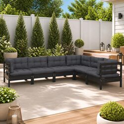 Garden Lounge Set 6 Piece Outdoor Patio Furniture Black Pinewood with Cushions