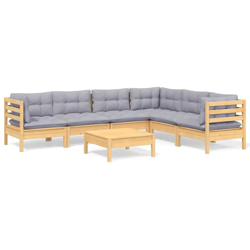 7 Piece Garden Lounge Set Grey Cushions Solid Pinewood Outdoor Patio Furniture