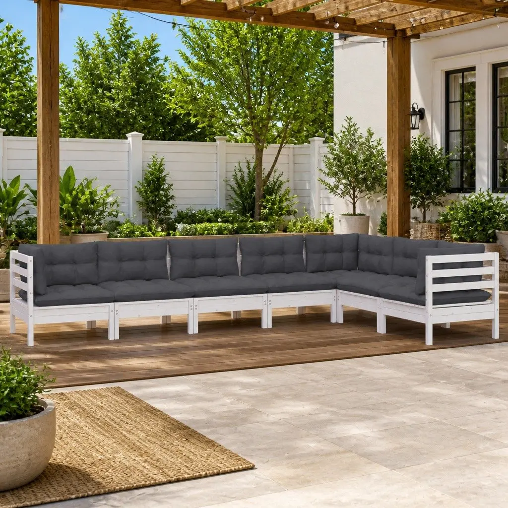 7 Piece Garden Lounge Set White Solid Pinewood Outdoor Patio Cushions