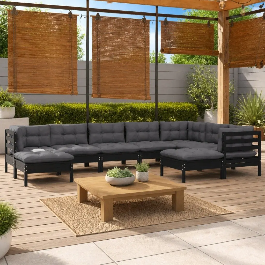 Garden Lounge Set 9 Piece Outdoor Patio Furniture with Cushions Black Pinewood