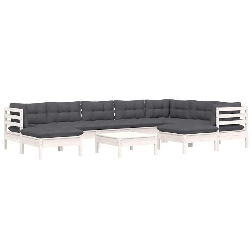 Garden Lounge Set White 10 Piece Solid Pinewood Outdoor Furniture with Cushions