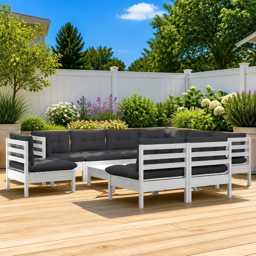 Garden Lounge Set White 10 Piece Modular Outdoor Patio Furniture with Cushions