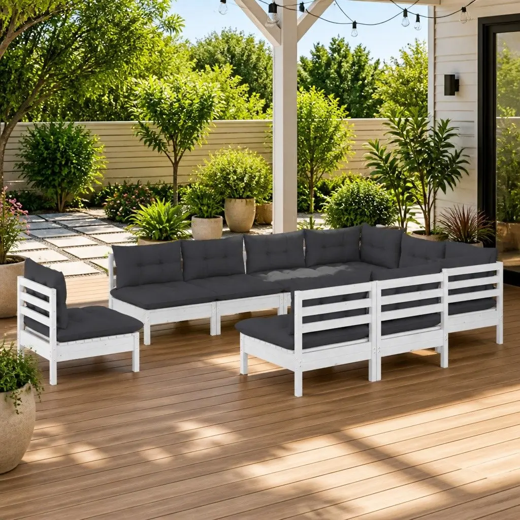 10 Piece Garden Lounge Set White Pinewood with Cushions