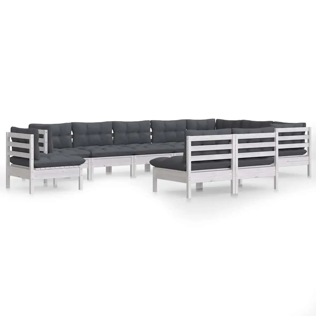 10 Piece Garden Lounge Set White Pinewood with Cushions