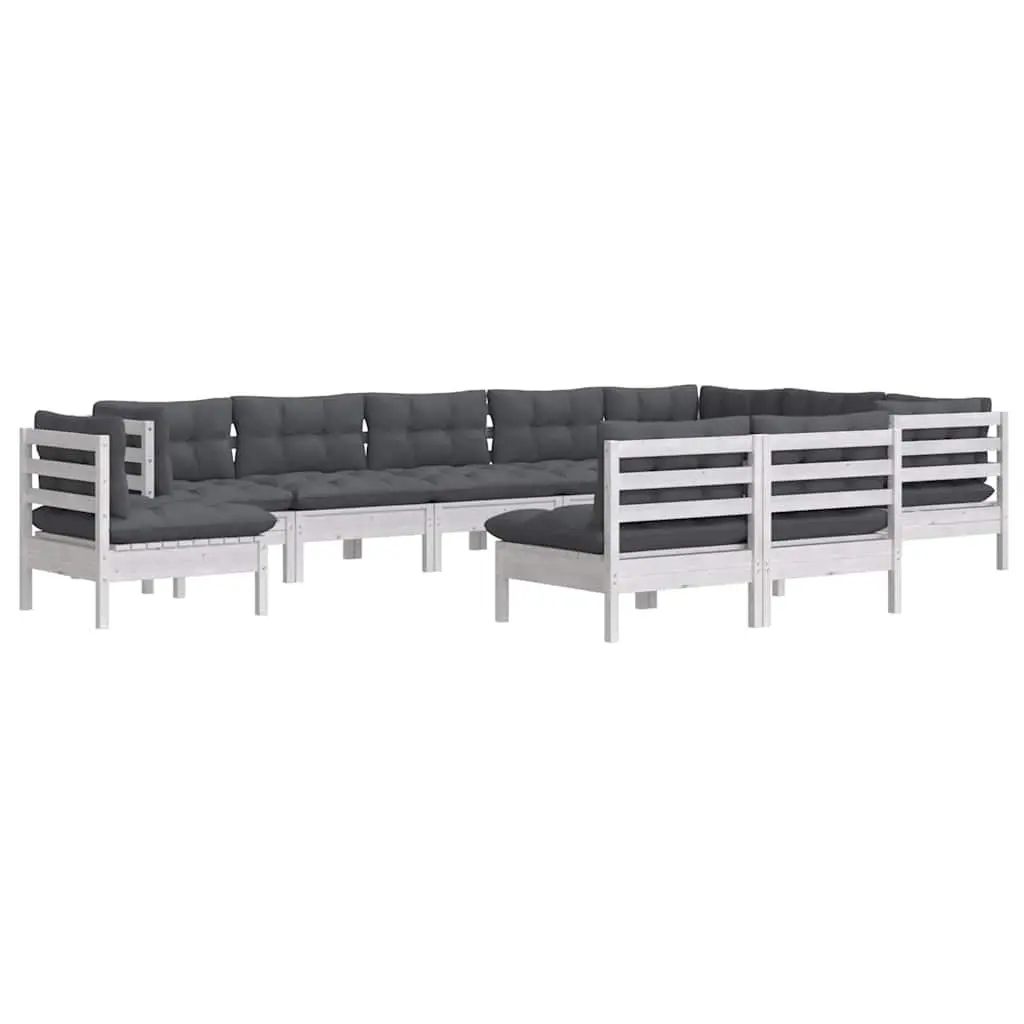 10 Piece Garden Lounge Set White Pinewood with Cushions