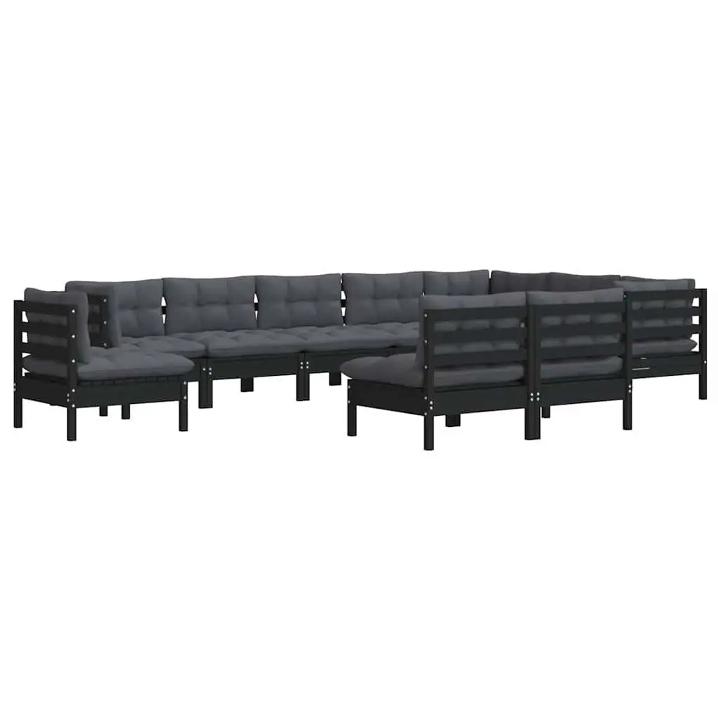 Garden Lounge Set 10 Piece Outdoor Patio Furniture with Cushions Black Pinewood