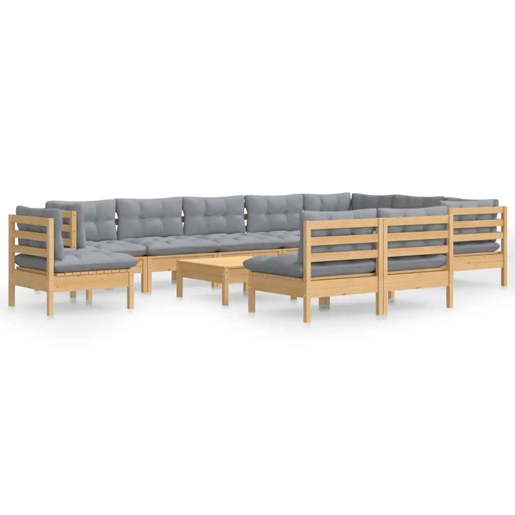 Garden Lounge Set 11 Piece Outdoor Patio Furniture Grey Cushions Solid Pinewood