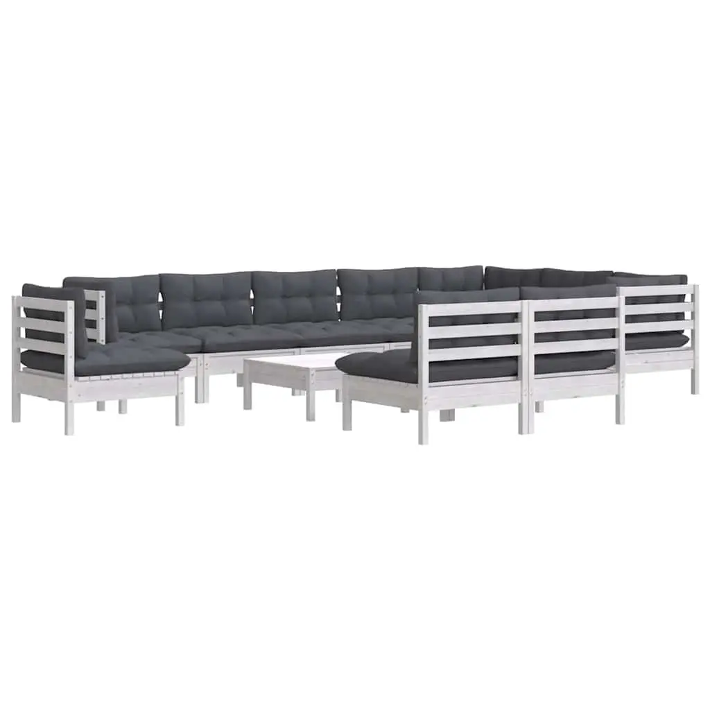 Garden Lounge Set 11 Pieces White Pinewood Outdoor Patio Furniture with Cushions