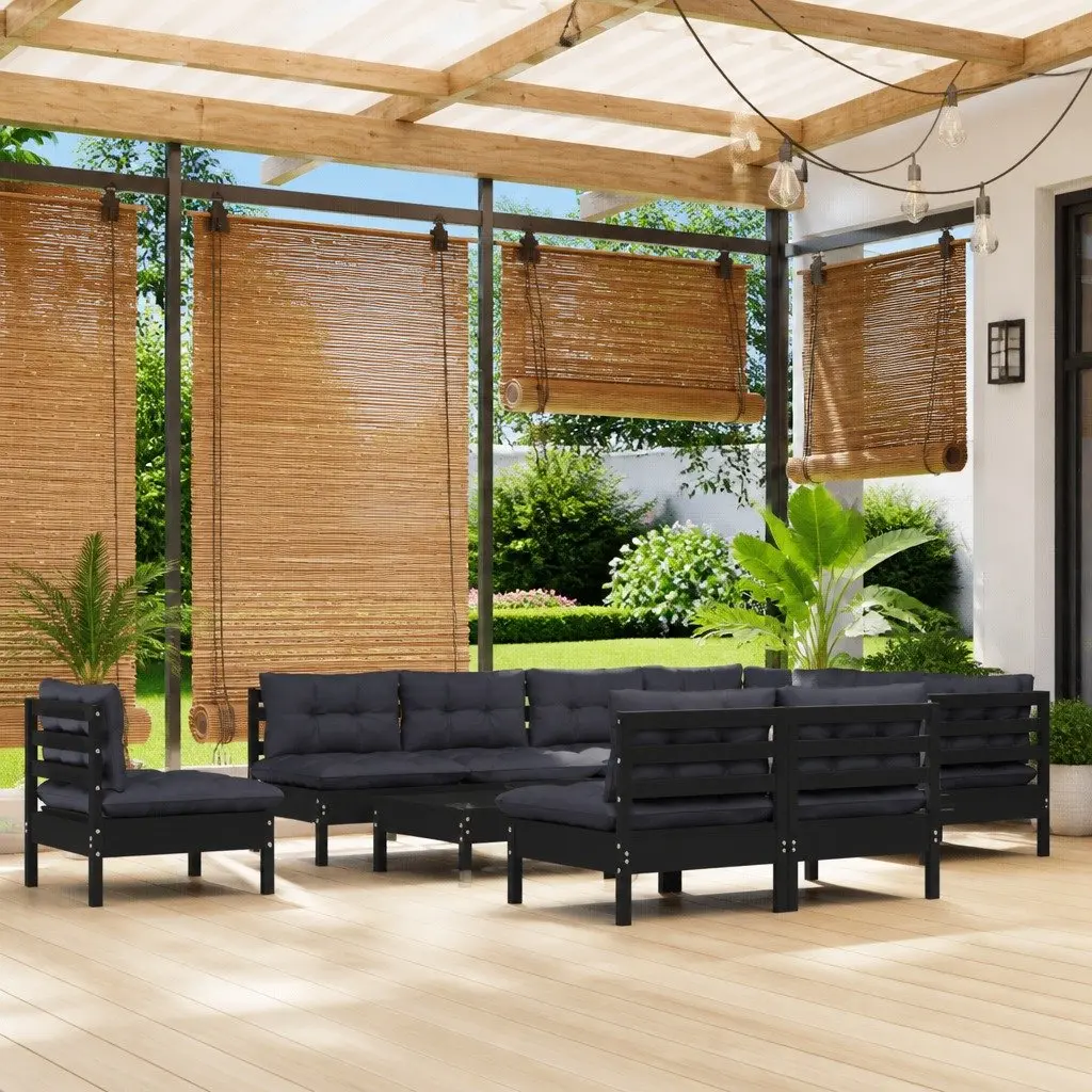 Garden Lounge Set Black 11 Piece Outdoor Patio Furniture Solid Pinewood with Cushions