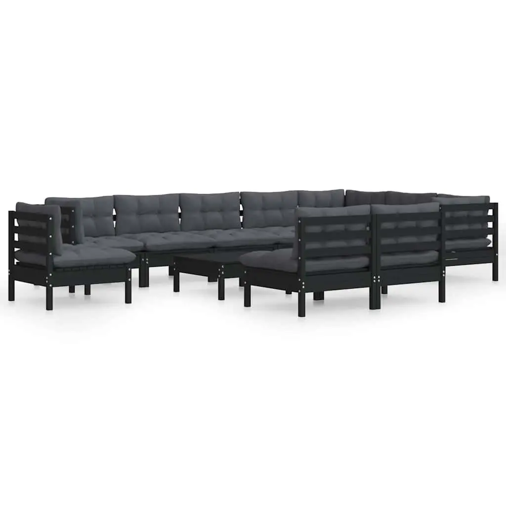 Garden Lounge Set Black 11 Piece Outdoor Patio Furniture Solid Pinewood with Cushions