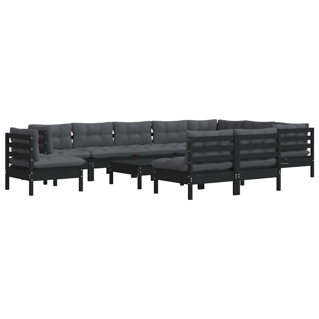 Garden Lounge Set Black 11 Piece Outdoor Patio Furniture Solid Pinewood with Cushions