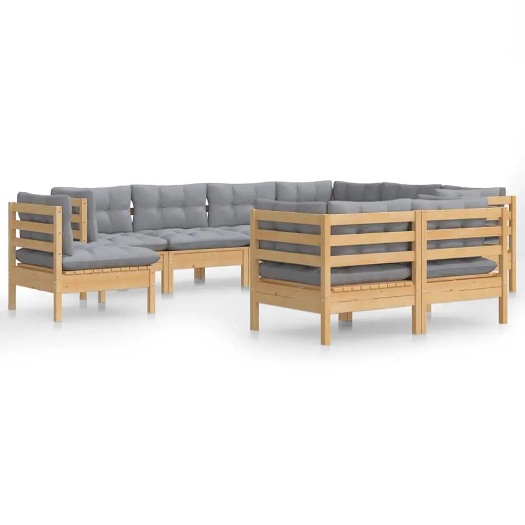 Garden Lounge Set 9 Piece Outdoor Patio Furniture with Grey Cushions Pinewood