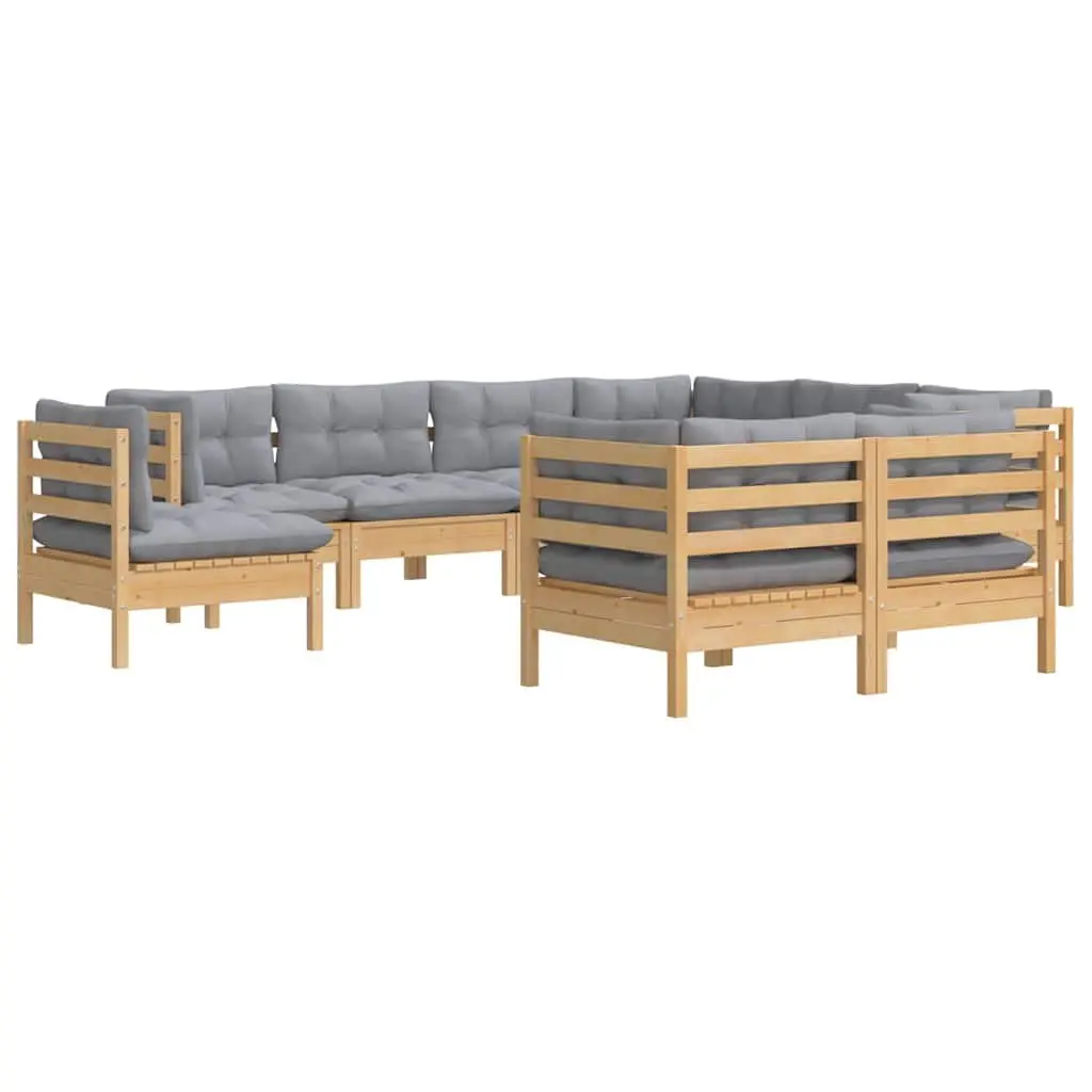 Garden Lounge Set 9 Piece Outdoor Patio Furniture with Grey Cushions Pinewood