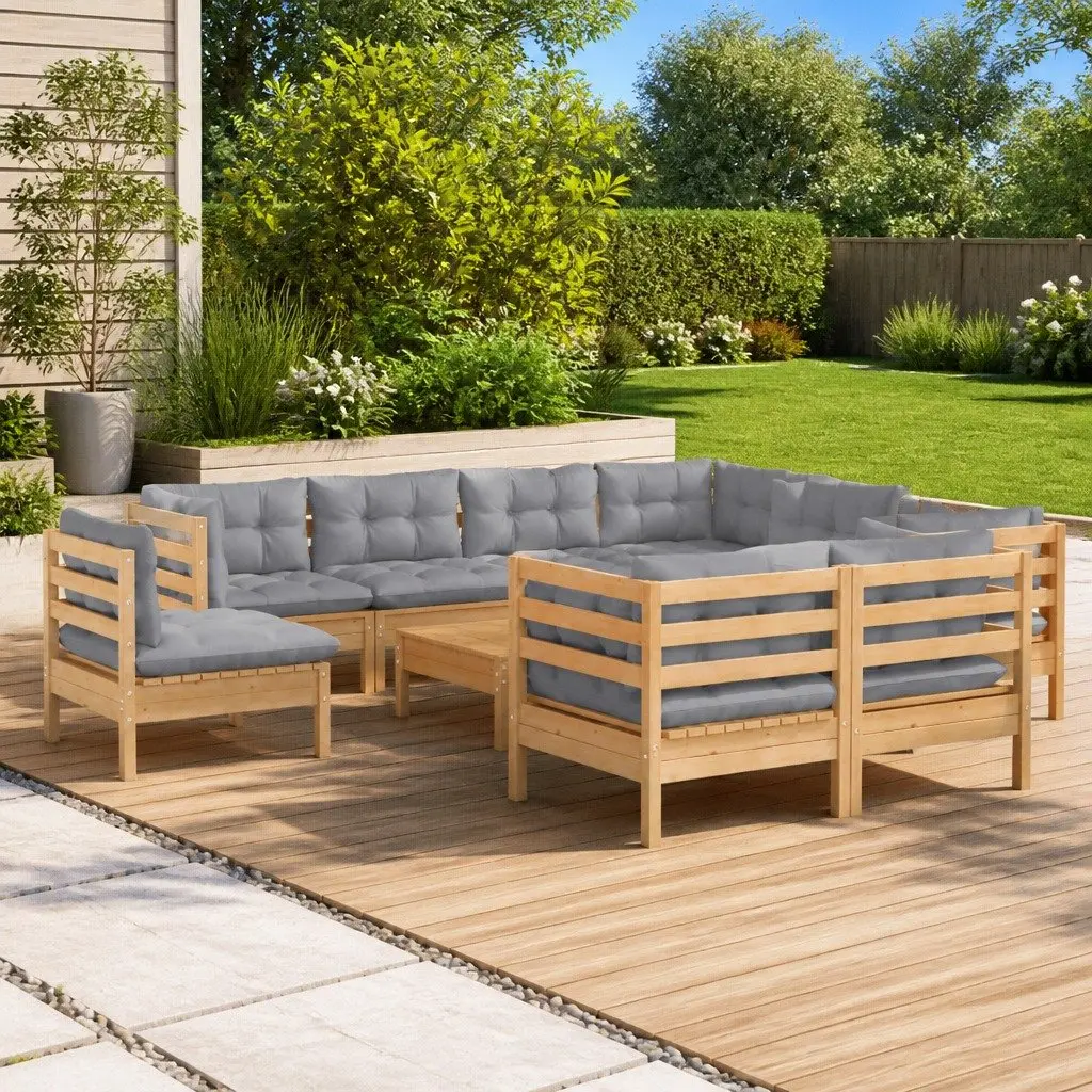Garden Lounge Set Grey 10 Piece Outdoor Patio Furniture Solid Pinewood Construction