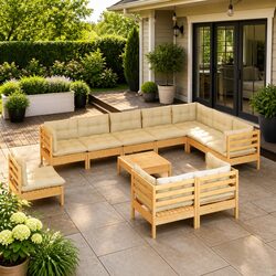 Garden Lounge Set 11 Piece Outdoor Patio Furniture Solid Pinewood Cream Cushions