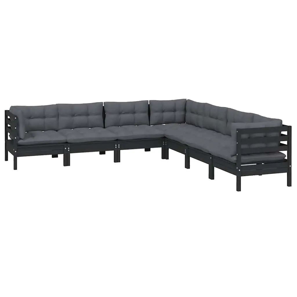 7 Piece Garden Lounge Set Black Solid Pinewood Modular Outdoor Patio Furniture with Cushions
