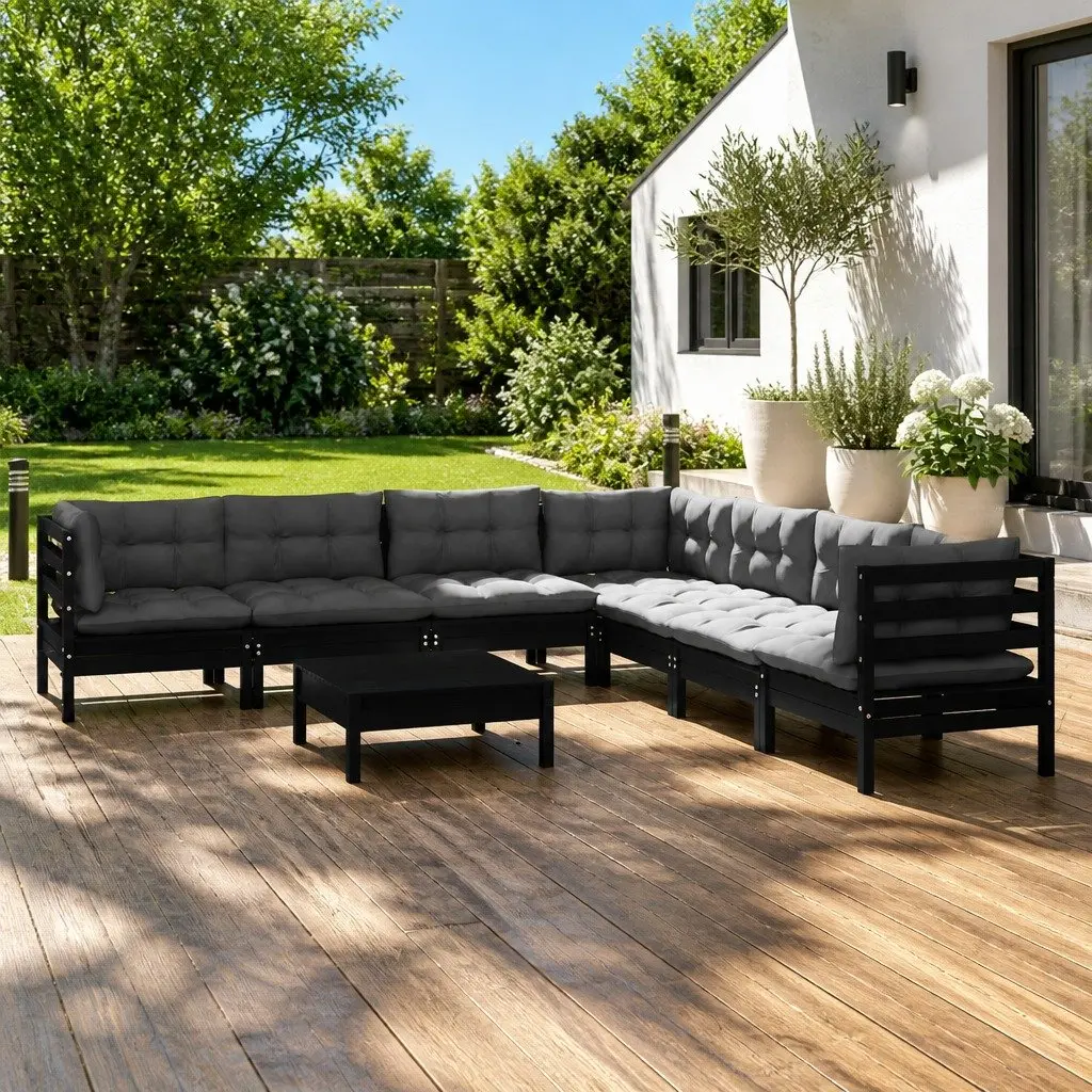 Garden Lounge Set 8 Piece Black Solid Pinewood Patio Furniture with Cushions