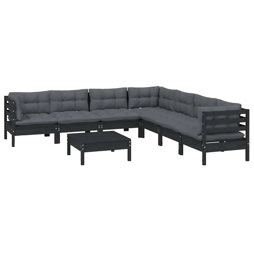 Garden Lounge Set 8 Piece Black Solid Pinewood Patio Furniture with Cushions