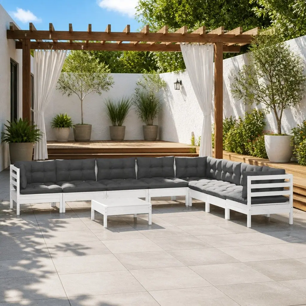 Garden Lounge Set 9 Piece White Solid Pinewood Patio Furniture with Cushions