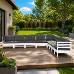 Garden Lounge Set 9 Piece White Outdoor Furniture Patio Sofa with Cushions
