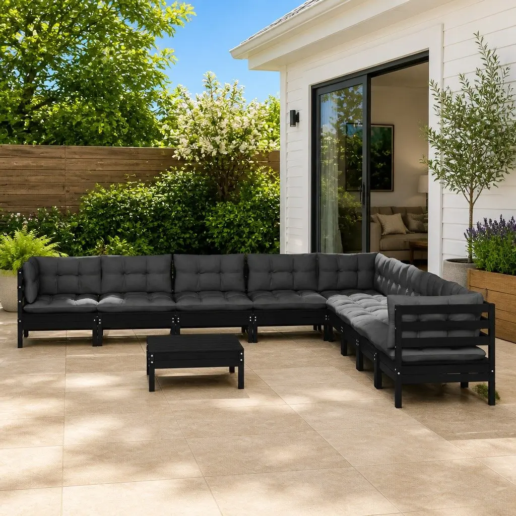 Garden Lounge Set 10 Piece Outdoor Furniture Patio Black with Cushions Modular