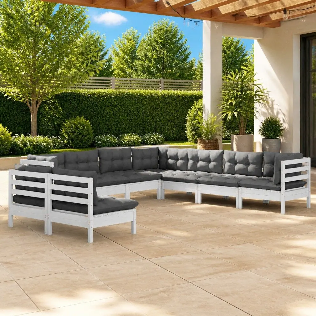 Garden Lounge Set 9 Piece White Solid Pinewood Patio Furniture with Cushions